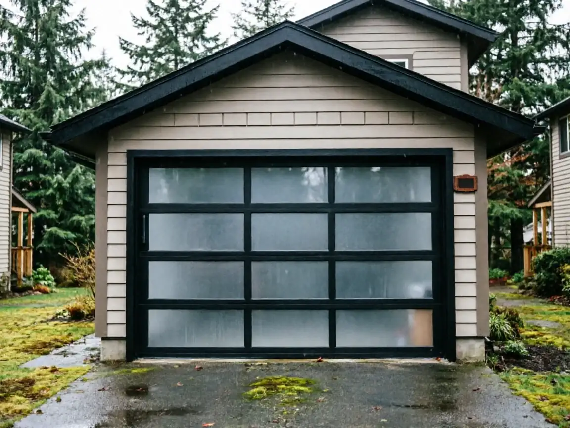 A modern garage door with frosted glass panels on a tan house.