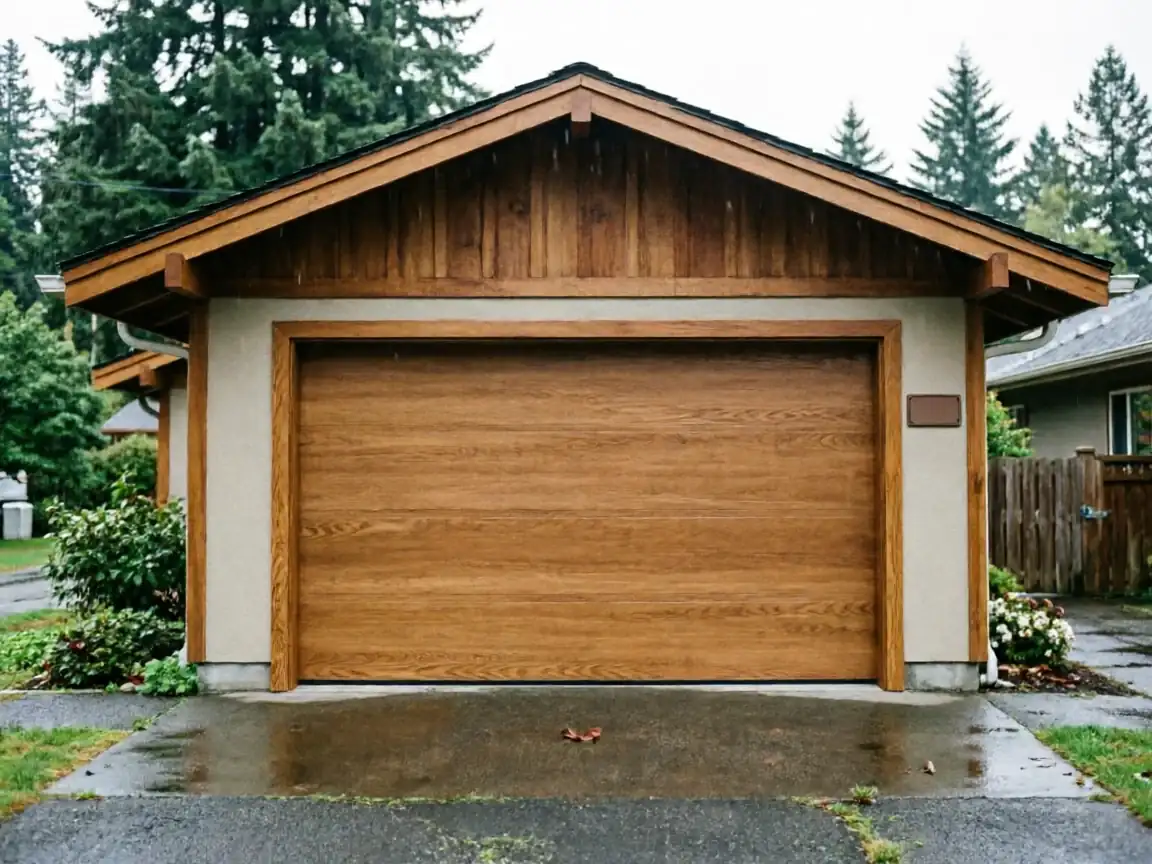A single-car garage with a brown wooden door and a wet driveway.